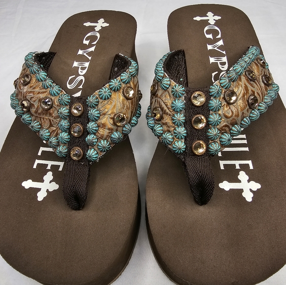 GYPSY SOULE Brown Flip-flops Turquois Copper Crystal Rhinestone Metallic size 8 - Picture 4 of 11